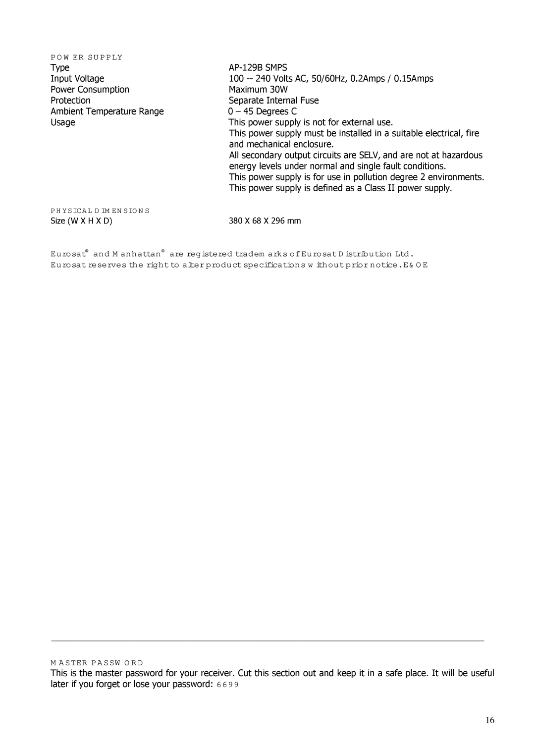 Manhattan Computer Products ST 250 instruction manual Power Supply, Type, Master Password 