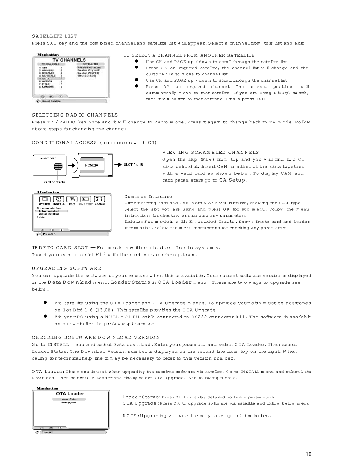 Manhattan Computer Products ST100 Satellite List, Selecting Radio Channels, Viewing Scrambled Channels, Upgrading Software 