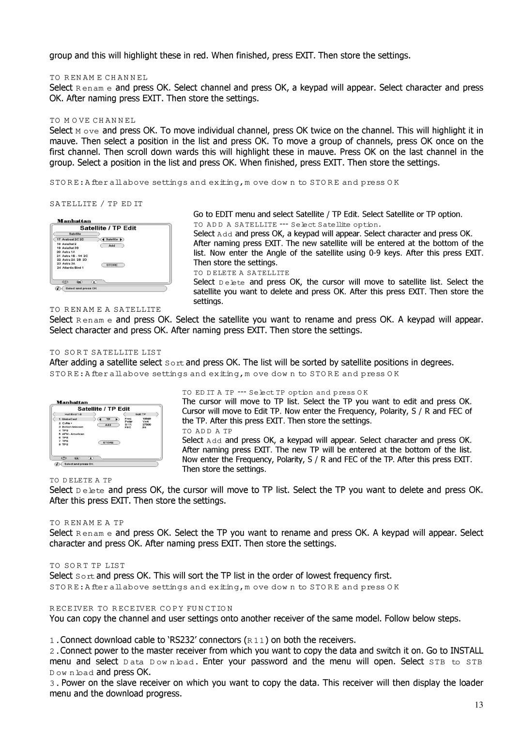 Manhattan Computer Products ST100 To Rename Channel, To Move Channel, Satellite / TP Edit, To Rename a Satellite 