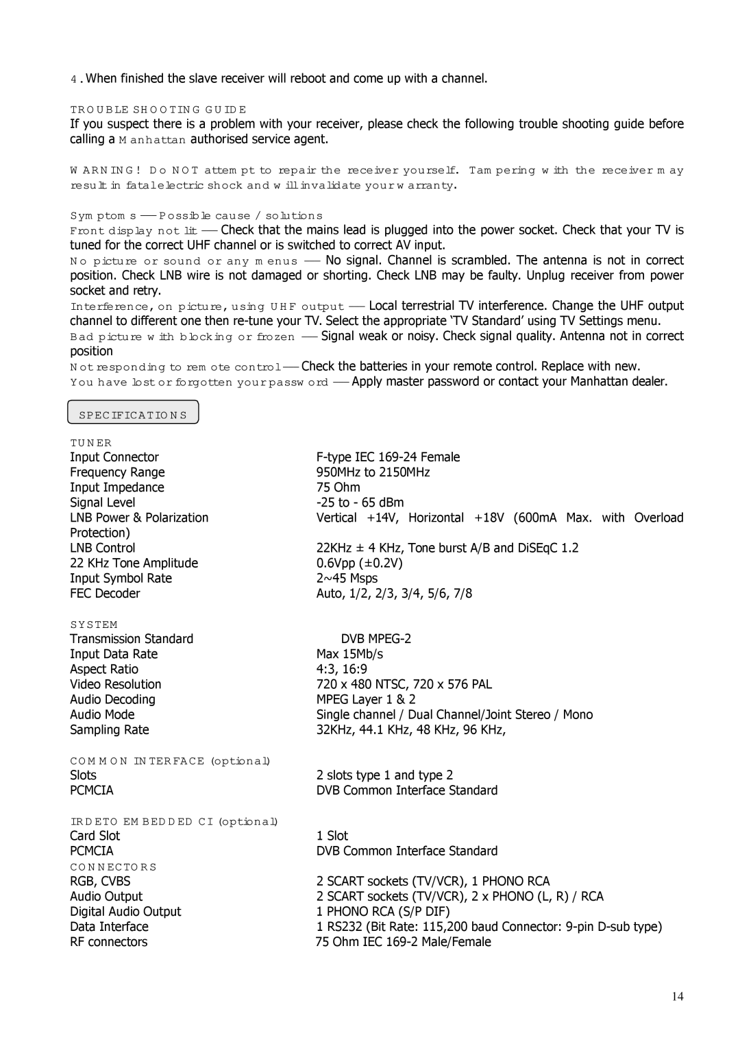 Manhattan Computer Products ST100 instruction manual Trouble Shooting Guide, Specifications Tuner, System, Connectors 