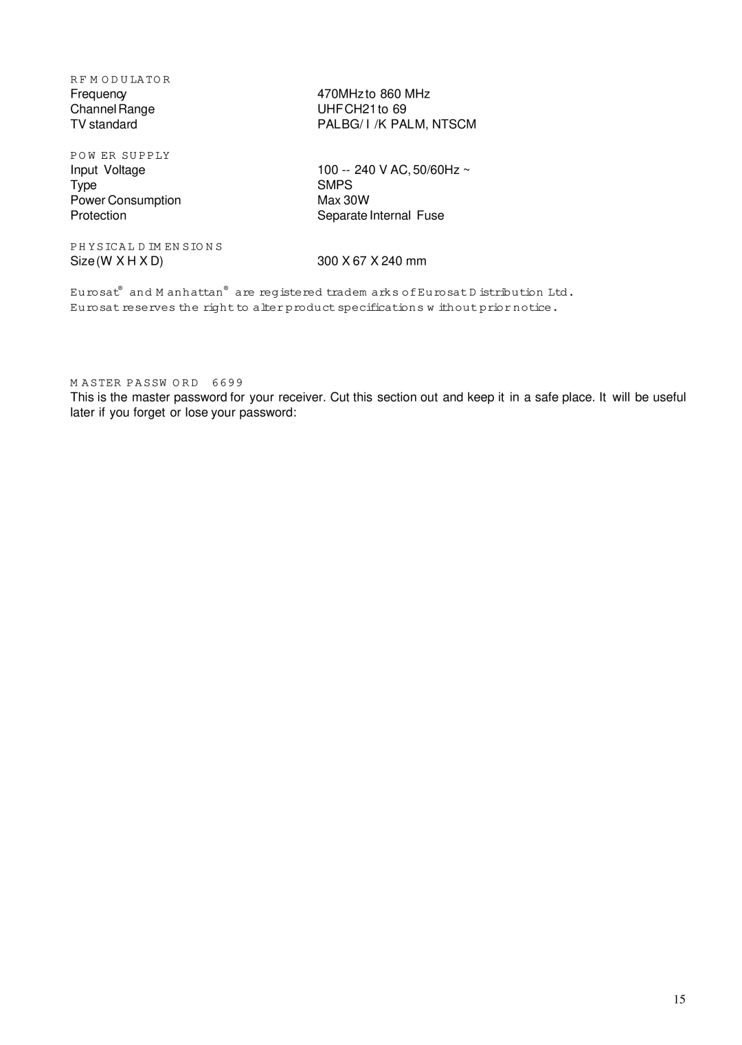 Manhattan Computer Products ST100 instruction manual RF Modulator, Power Supply, Physical Dimensions, Master Password 