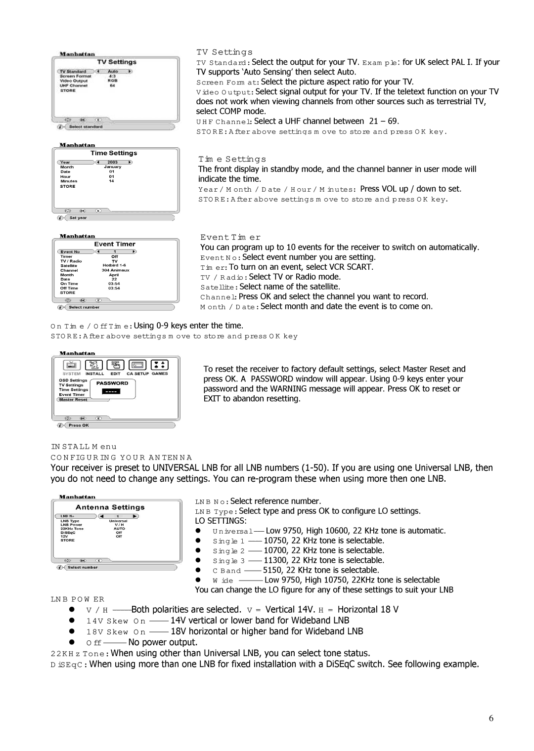 Manhattan Computer Products ST100 instruction manual Install Menu, Configuring Your Antenna, LNB Power 