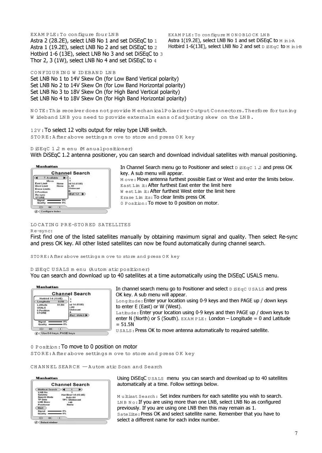 Manhattan Computer Products ST100 Example To configure four LNB, Configuring Wideband LNB, Locating PRE-STORED Satellites 