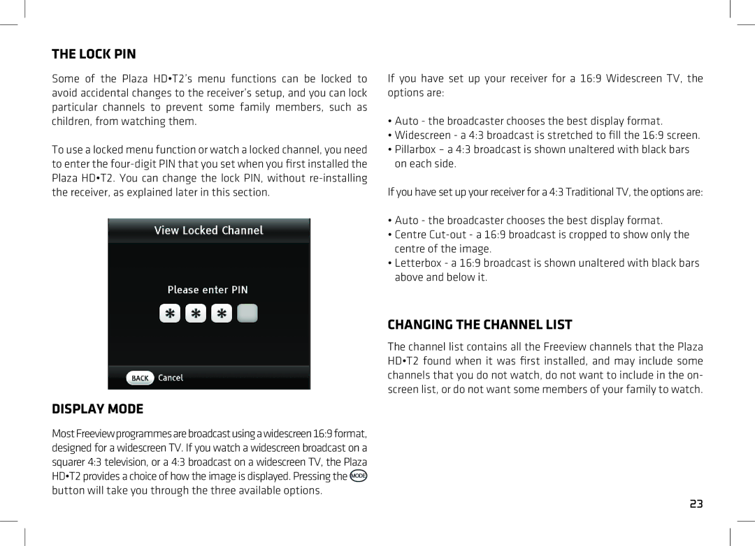 Manhattan Computer Products T2 manual Lock PIN, Display Mode, Changing the Channel List 