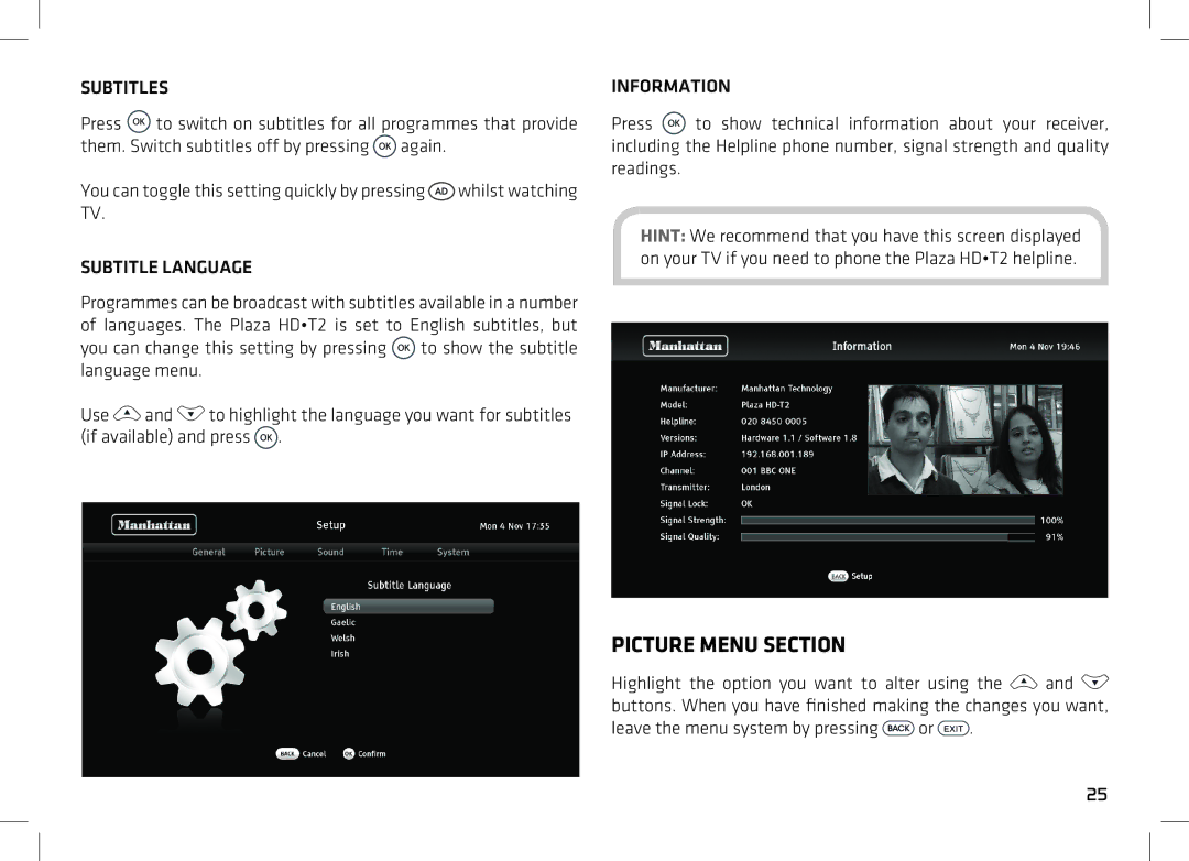 Manhattan Computer Products T2 manual Picture Menu Section, Subtitles, Subtitle Language, Information 