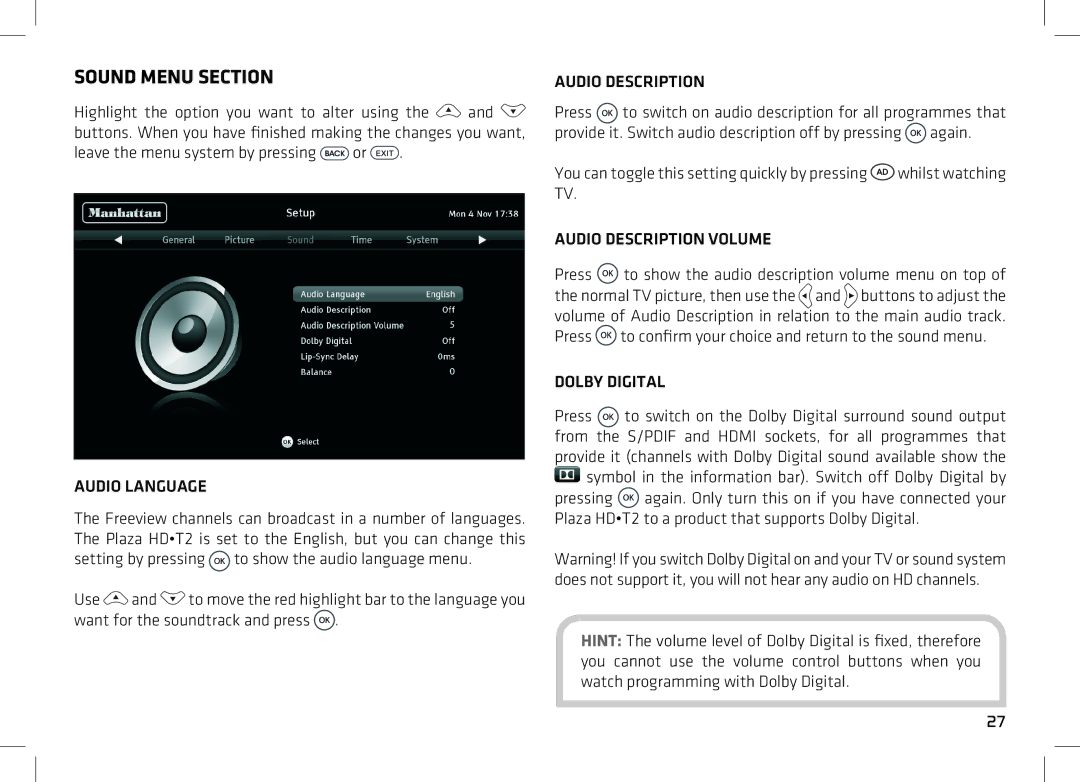 Manhattan Computer Products T2 manual Sound Menu Section, Audio Language, Audio Description Volume, Dolby Digital 