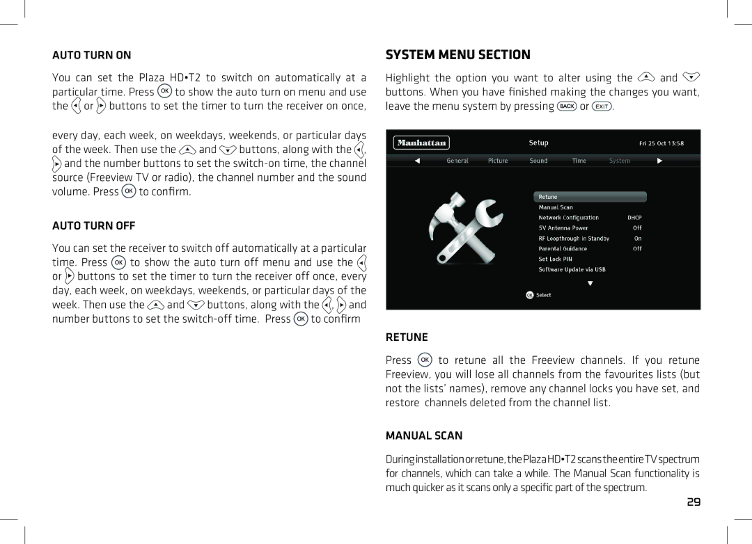 Manhattan Computer Products T2 manual System Menu Section, Auto Turn on, Auto Turn OFF, Retune, Manual Scan 