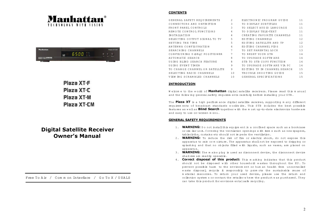 Manhattan Computer Products XT-F owner manual Contents, Introduction, General Safety Requirements 