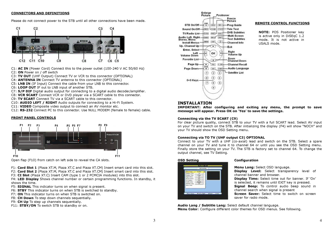 Manhattan Computer Products XT-F Installation, Connectors and Definitions, Front Panel Controls, Remote Control Functions 