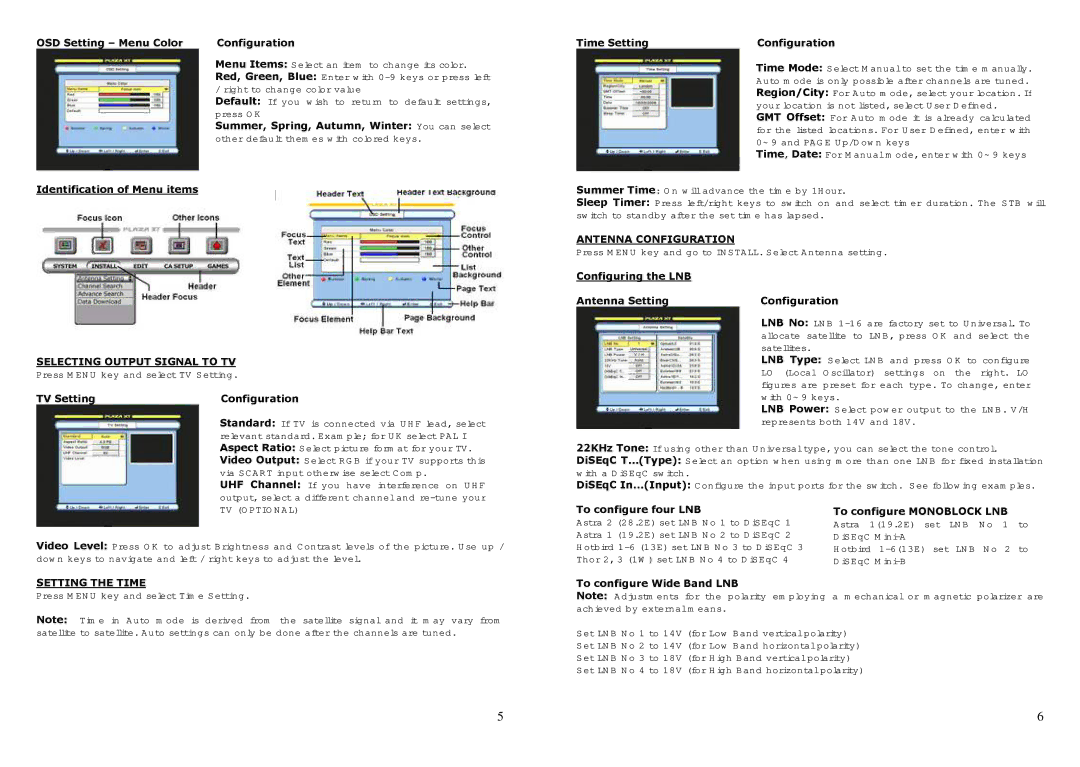 Manhattan Computer Products XT-F owner manual Selecting Output Signal to TV, Setting the Time, Antenna Configuration 