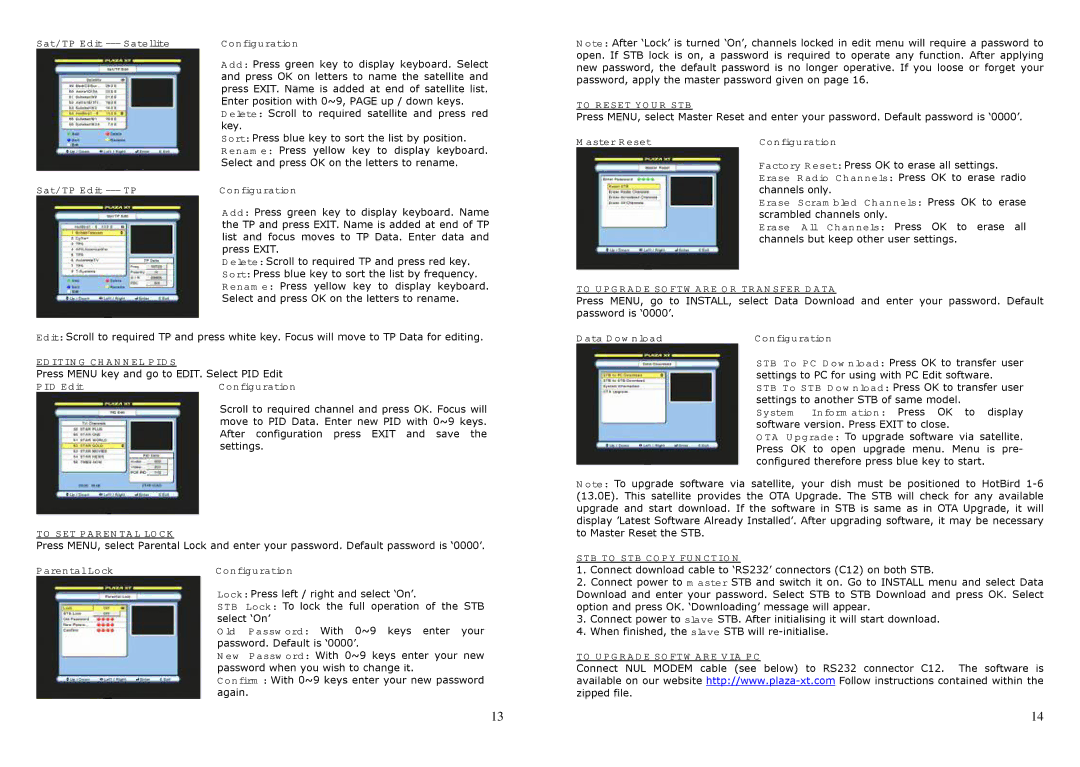 Manhattan Computer Products XT-F Editing Channel Pids, To SET Parental Lock, To Reset Your STB, STB to STB Copy Function 