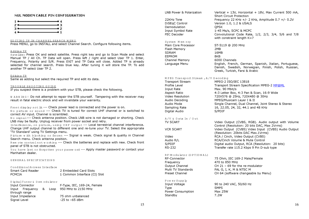 Manhattan Computer Products XT-F Editing TP in Channel Search Menu, Trouble Shooting Guide, General Specifications 