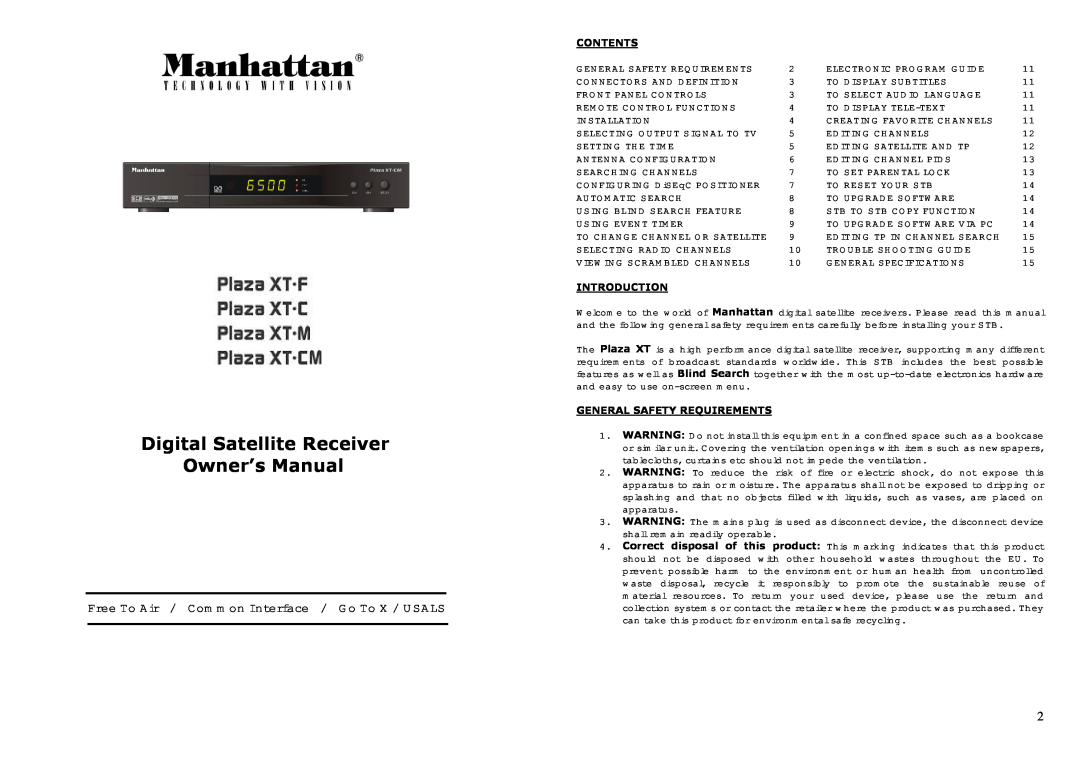 Manhattan Computer Products XT-F owner manual Digital Satellite Receiver Owner’s Manual 