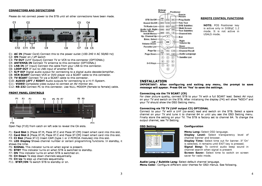 Manhattan Computer Products XT-F Installation, Connectors And Definitions, Front Panel Controls, Remote Control Functions 