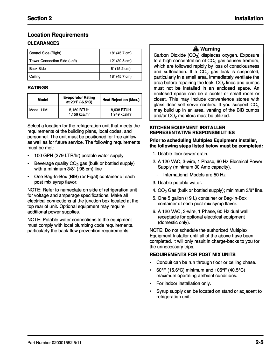 Manitowoc Ice 11M manual Location Requirements, Clearances, Ratings, Requirements For Post Mix Units, Section, Installation 