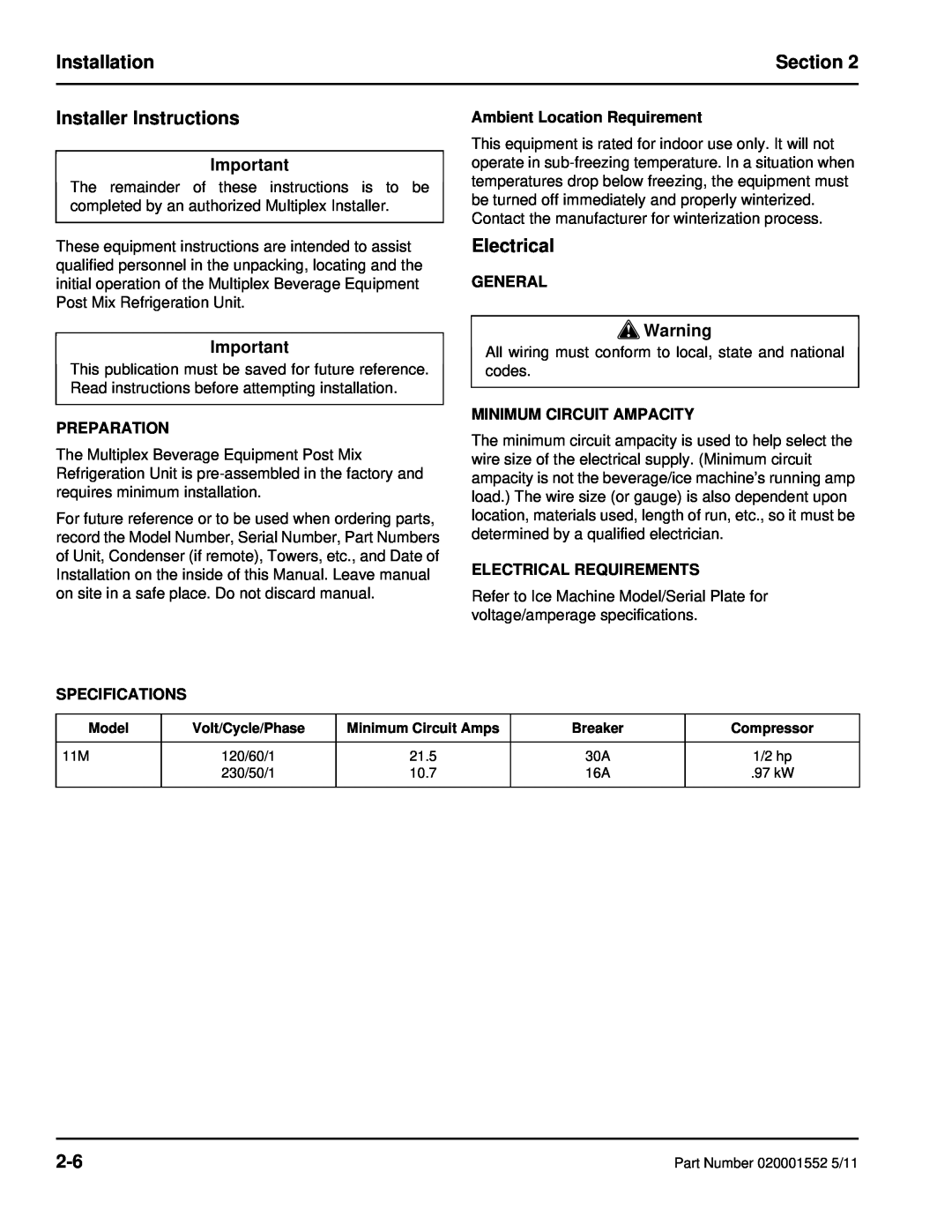 Manitowoc Ice 11M Installer Instructions, Electrical, Ambient Location Requirement, General, Preparation, Specifications 