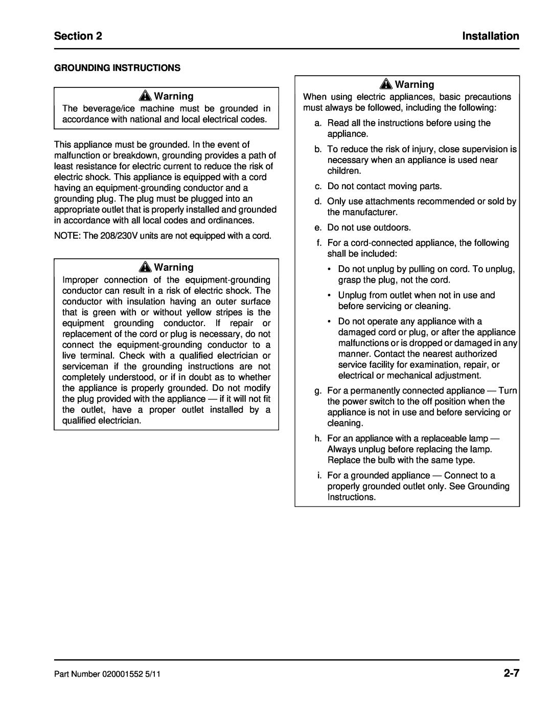 Manitowoc Ice 11M manual Grounding Instructions, Section, Installation 