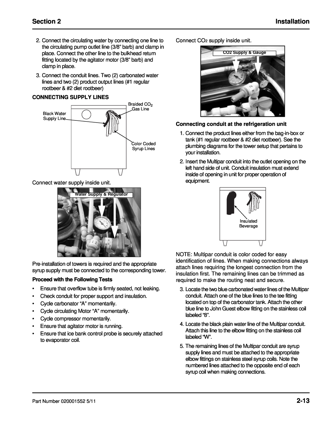 Manitowoc Ice 11M manual 2-13, Connecting Supply Lines, Proceed with the Following Tests, Section, Installation 