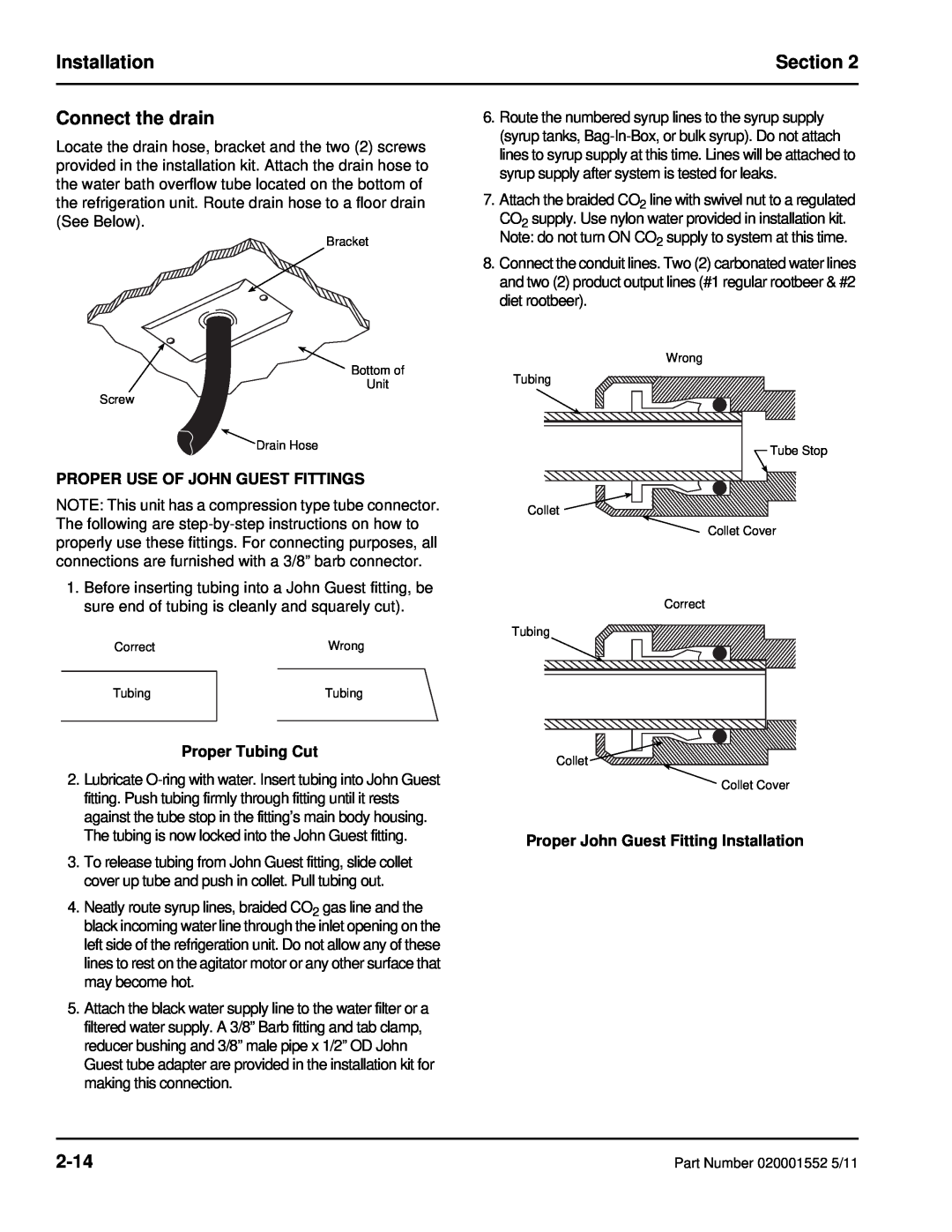 Manitowoc Ice 11M Connect the drain, 2-14, Proper Use Of John Guest Fittings, Proper Tubing Cut, Installation, Section 
