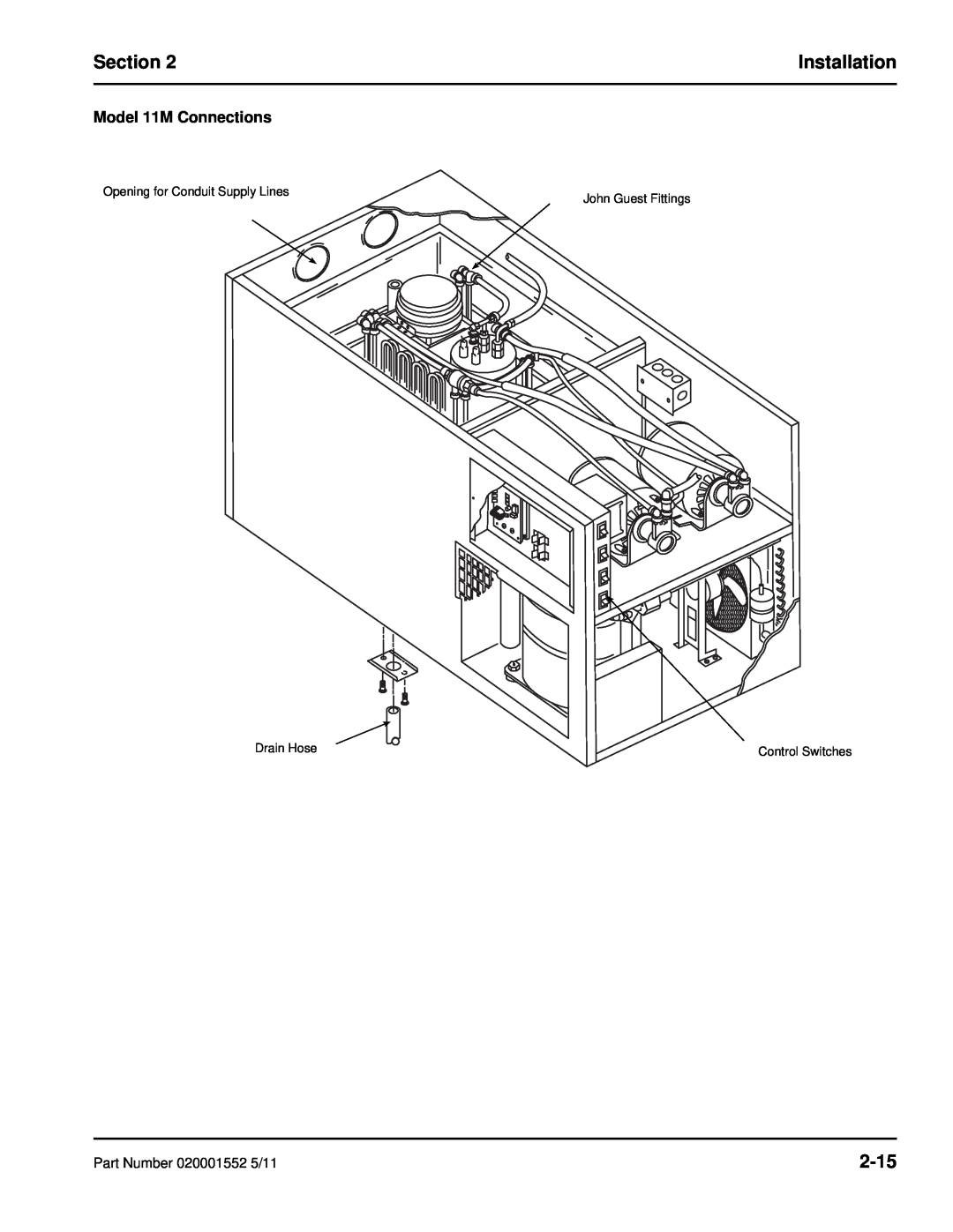 Manitowoc Ice manual 2-15, Model 11M Connections, Section, Installation, Control Switches 