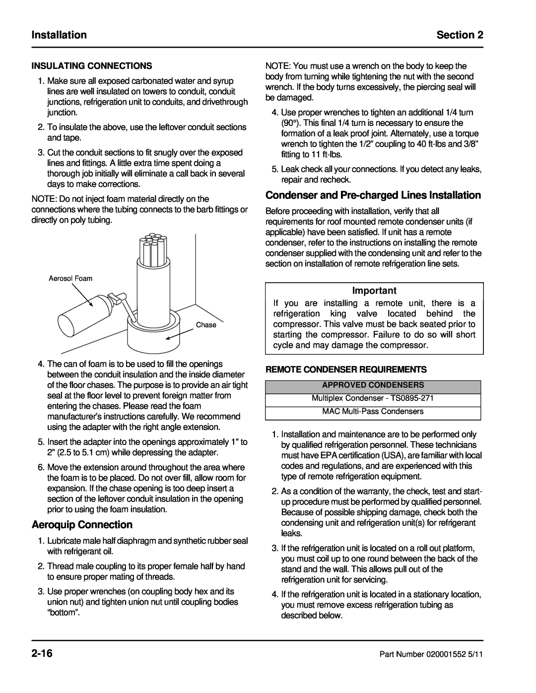 Manitowoc Ice 11M Aeroquip Connection, Condenser and Pre-chargedLines Installation, 2-16, Insulating Connections, Section 