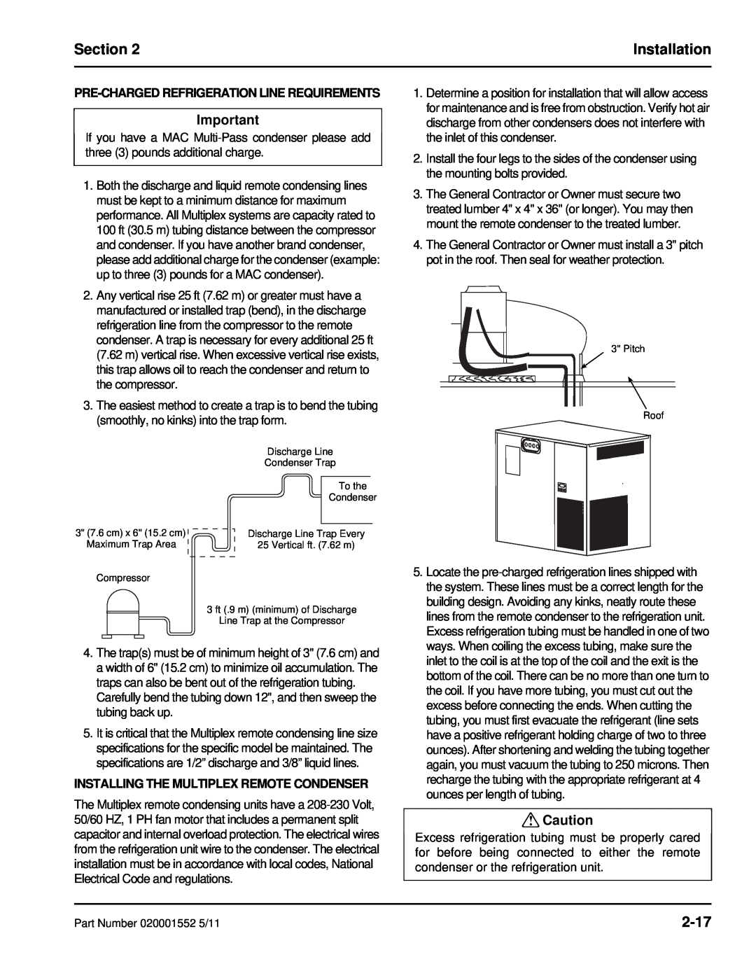 Manitowoc Ice 11M 2-17, Pre-Chargedrefrigeration Line Requirements, Installing The Multiplex Remote Condenser, Section 