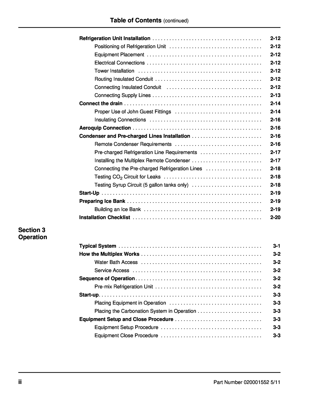 Manitowoc Ice 11M Table of Contents continued, Section Operation, 2-12, Positioning of Refrigeration Unit, 2-13, 2-14 