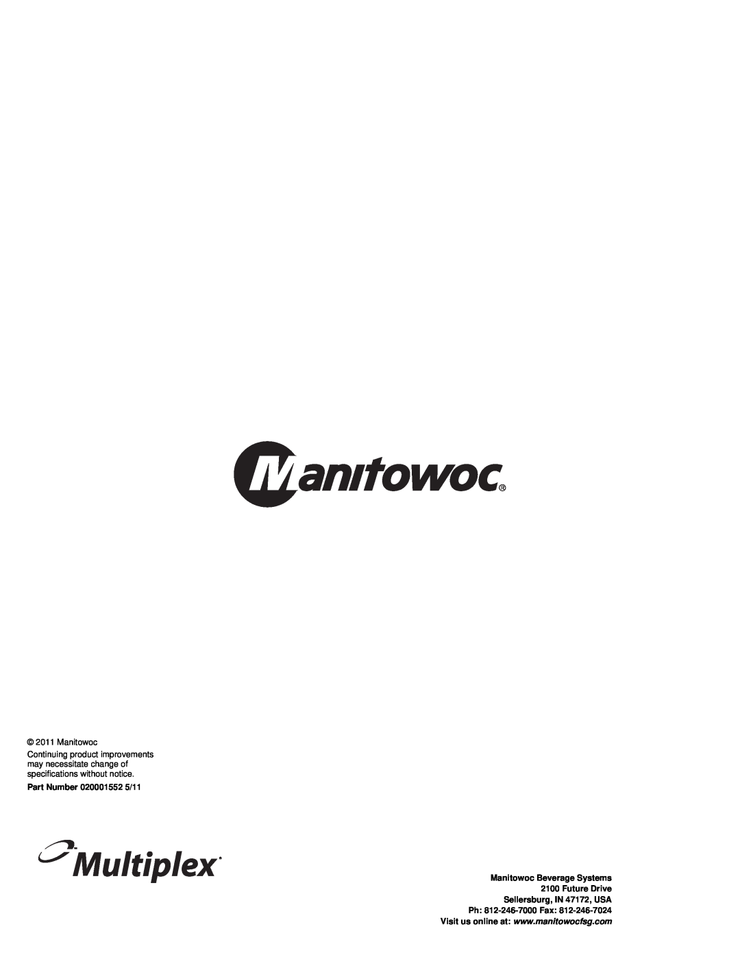 Manitowoc Ice 11M manual Part Number 020001552 5/11 