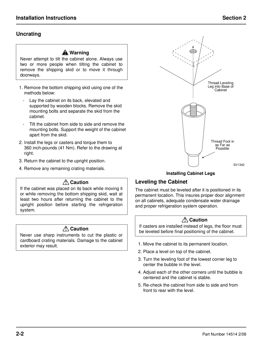 Manitowoc Ice 14514 2/08 manual Installation Instructions Section Uncrating, Leveling the Cabinet 