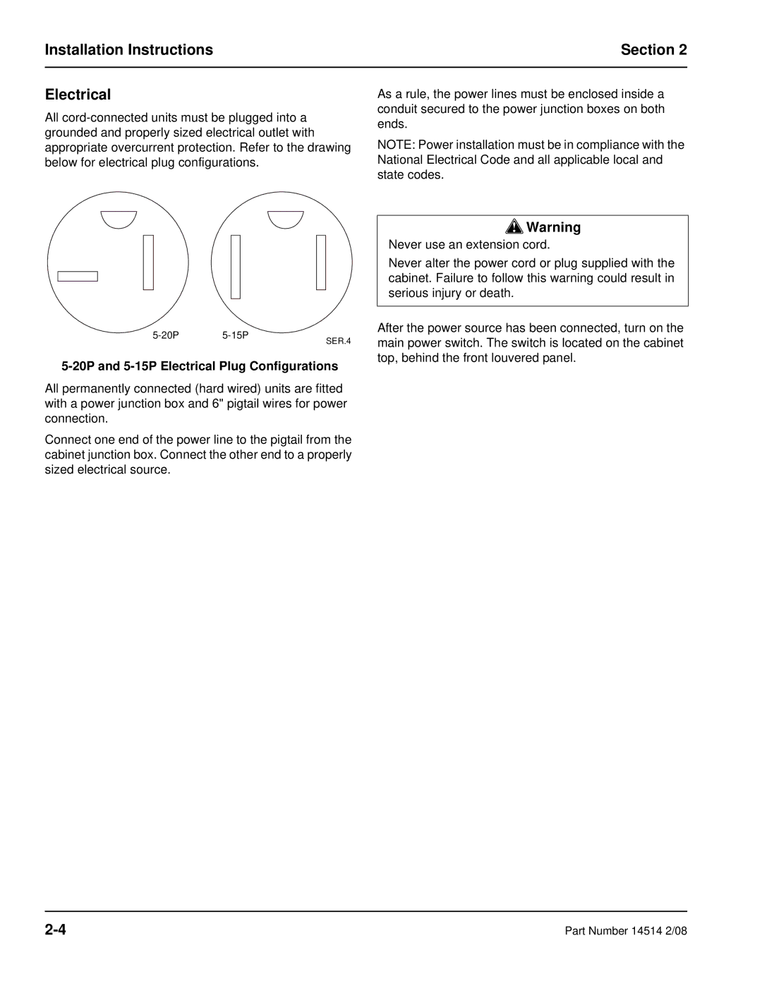 Manitowoc Ice 14514 2/08 manual Installation Instructions Section Electrical, 20P and 5-15P Electrical Plug Configurations 