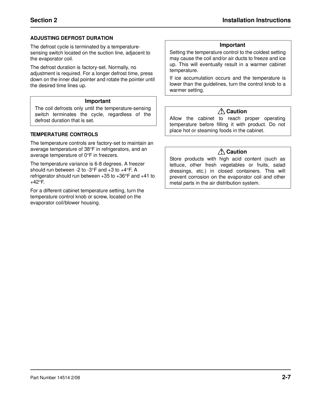 Manitowoc Ice 14514 2/08 manual Adjusting Defrost Duration, Temperature Controls 