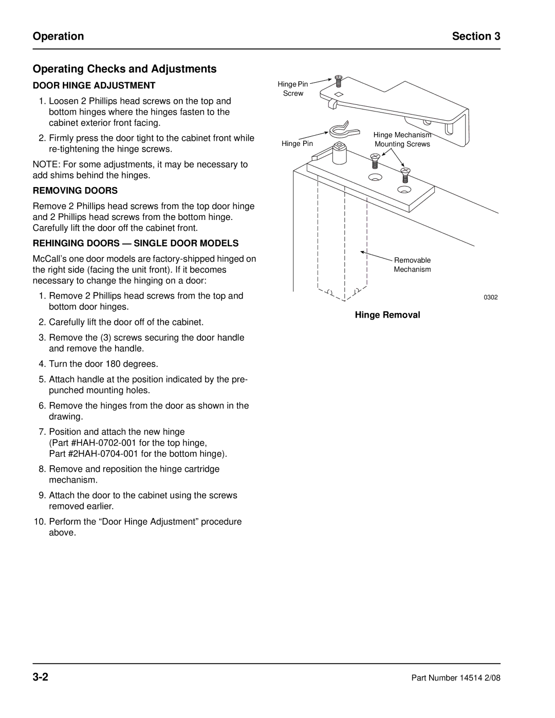 Manitowoc Ice 14514 2/08 manual Operation Section Operating Checks and Adjustments, Door Hinge Adjustment, Removing Doors 