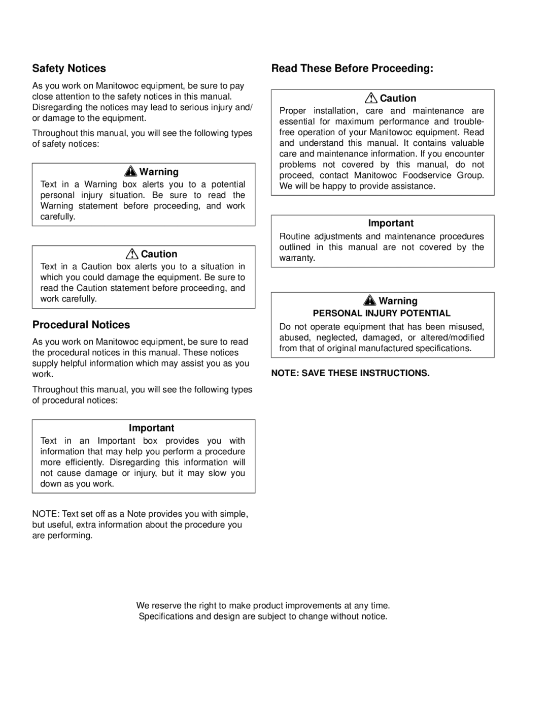 Manitowoc Ice 14514 2/08 manual Safety Notices, Procedural Notices, Read These Before Proceeding, Personal Injury Potential 