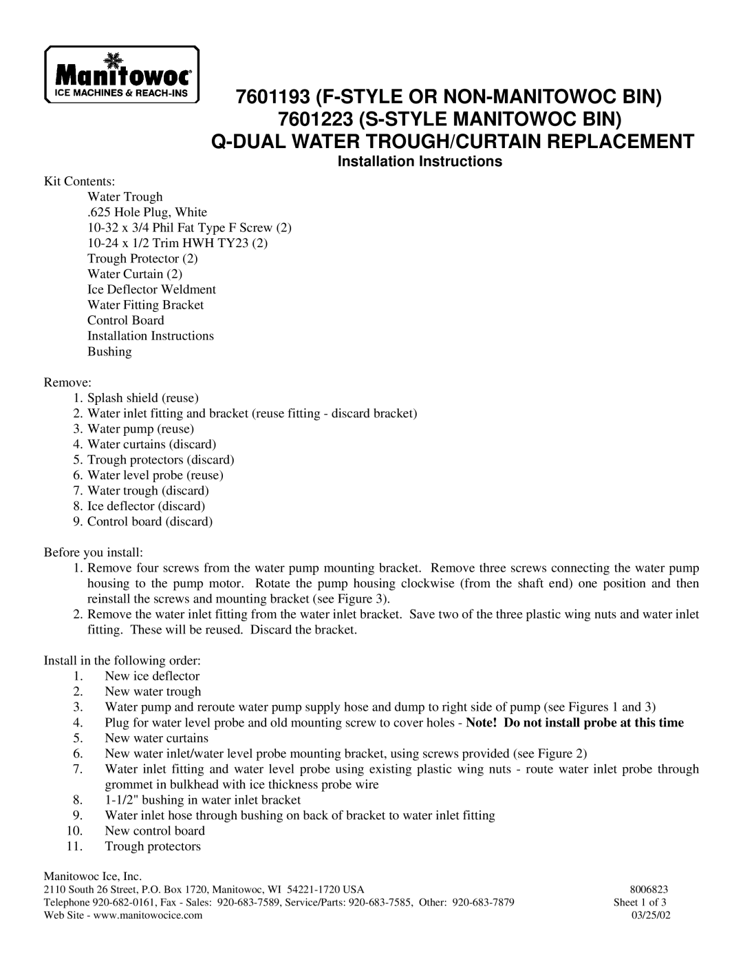 Manitowoc Ice 7601223, 7601193 installation instructions Installation Instructions, Manitowoc Ice, Inc 