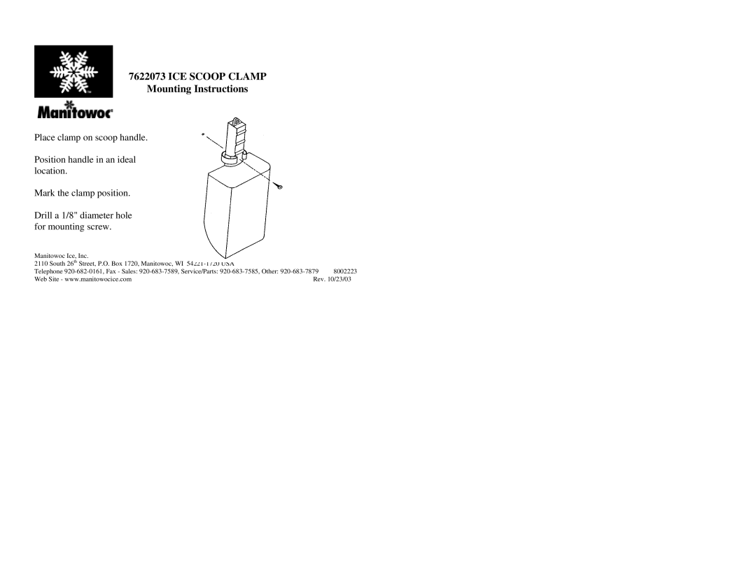 Manitowoc Ice 7622073 manual ICE Scoop Clamp, Mounting Instructions 