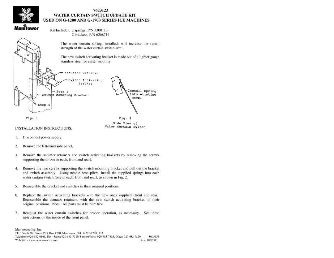 Manitowoc Ice 7623123 installation instructions Installation Instructions, Manitowoc Ice, Inc 