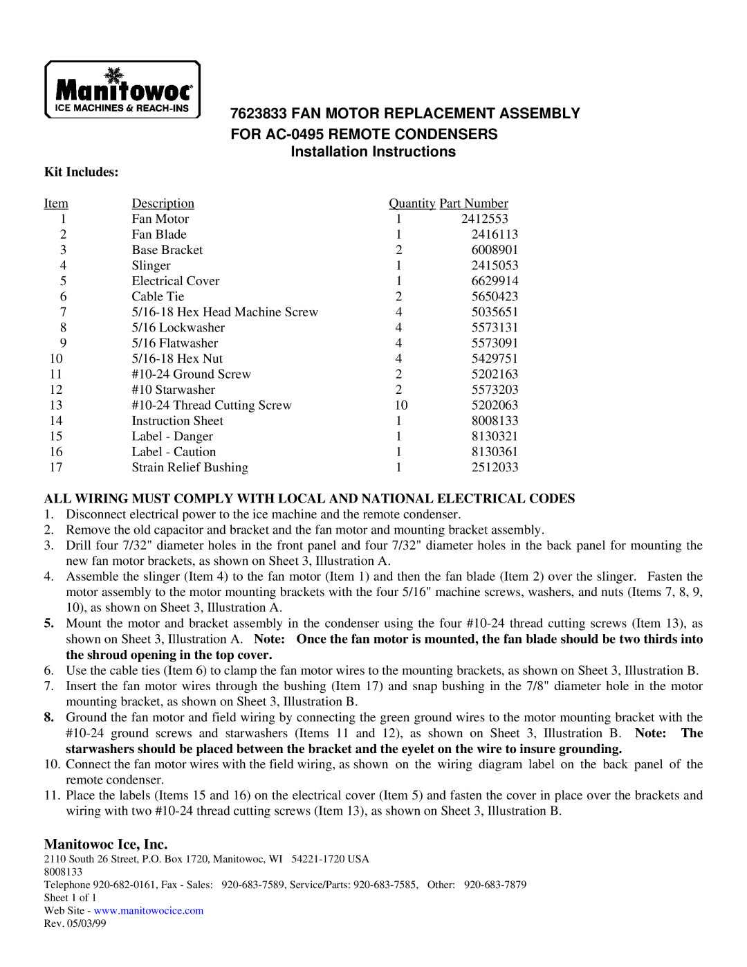 Manitowoc Ice 7623833 installation instructions Installation Instructions, Manitowoc Ice, Inc, Kit Includes 