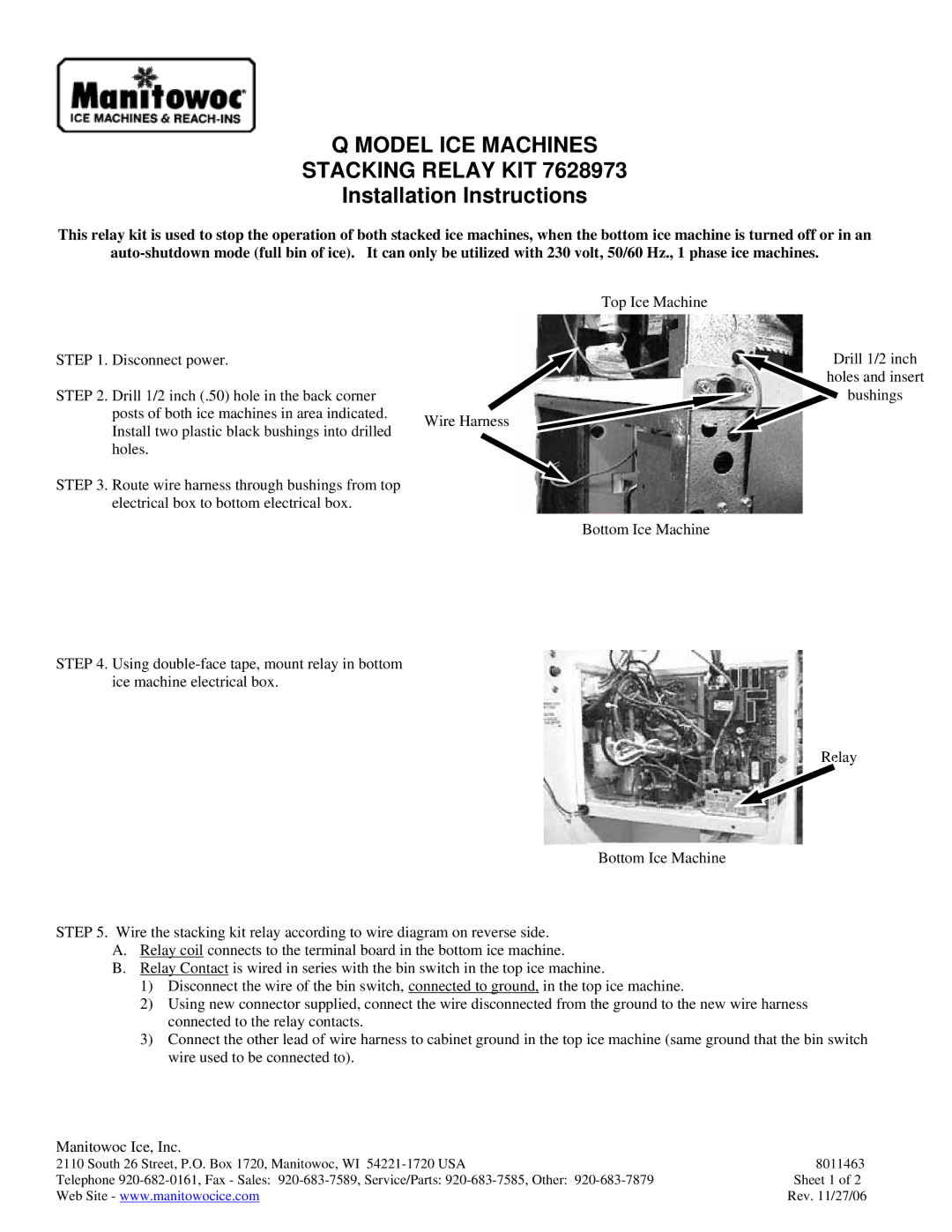 Manitowoc Ice 7628973 installation instructions Model ICE Machines Stacking Relay KIT, Installation Instructions 