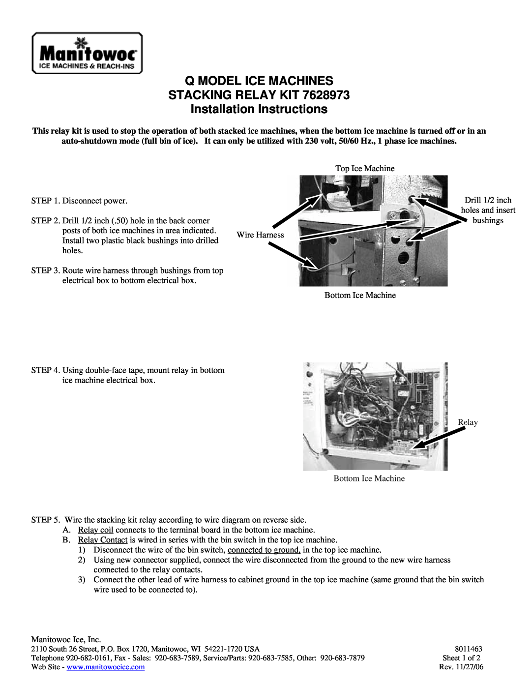 Manitowoc Ice 7628973 installation instructions Q Model Ice Machines Stacking Relay Kit, Installation Instructions 
