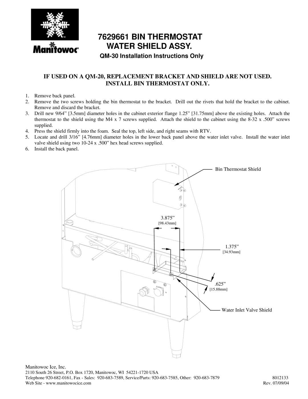 Manitowoc Ice 7629661 installation instructions BIN Thermostat Water Shield Assy, QM-30 Installation Instructions Only 