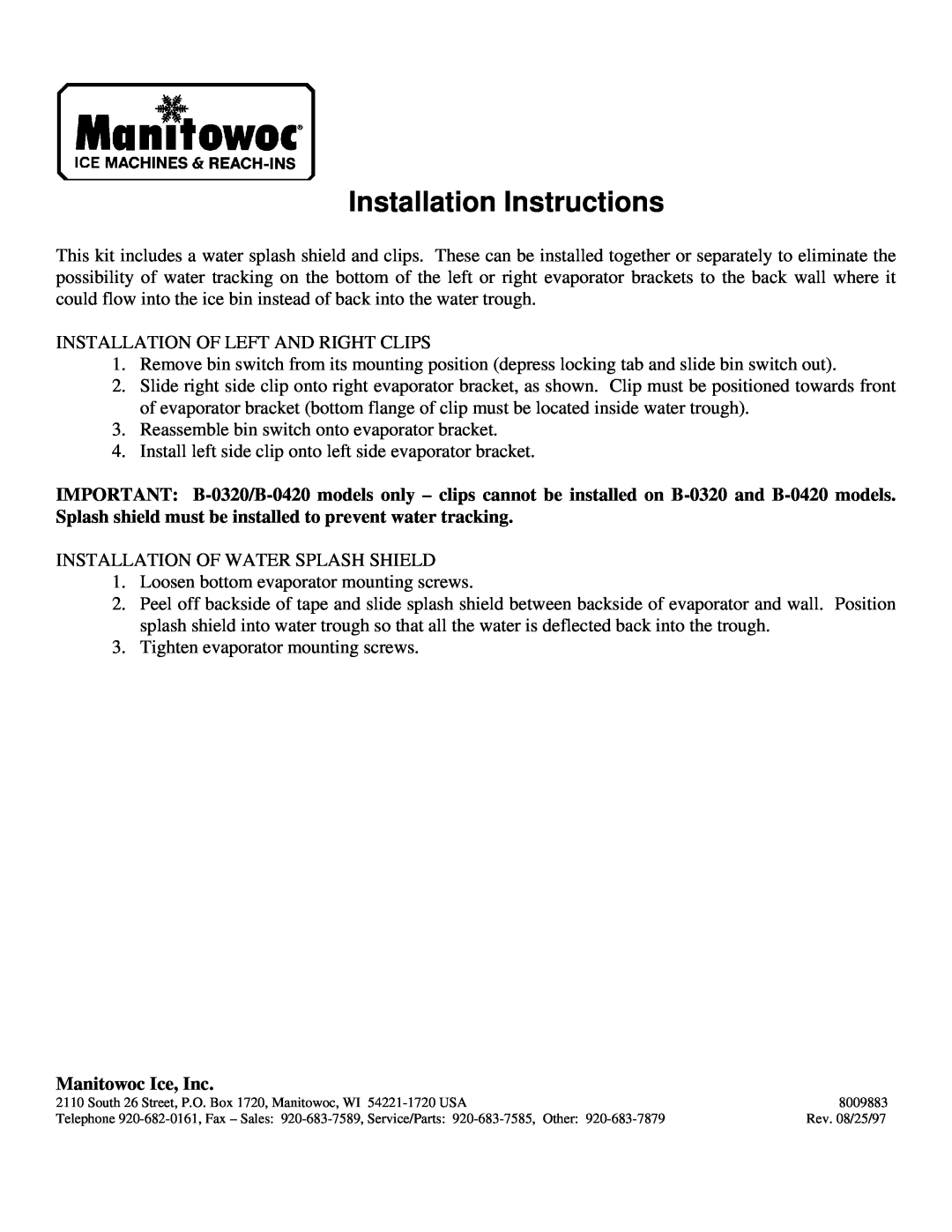 Manitowoc Ice B-0320, B-0420 installation instructions Installation Instructions, Manitowoc Ice, Inc 