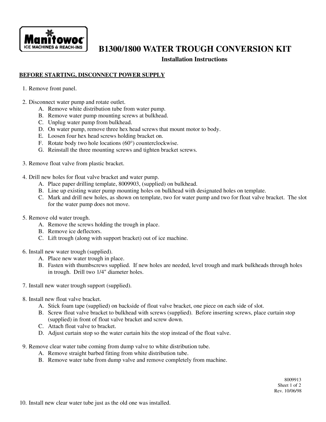 Manitowoc Ice B1800 installation instructions B1300/1800 Water Trough Conversion KIT, Installation Instructions 