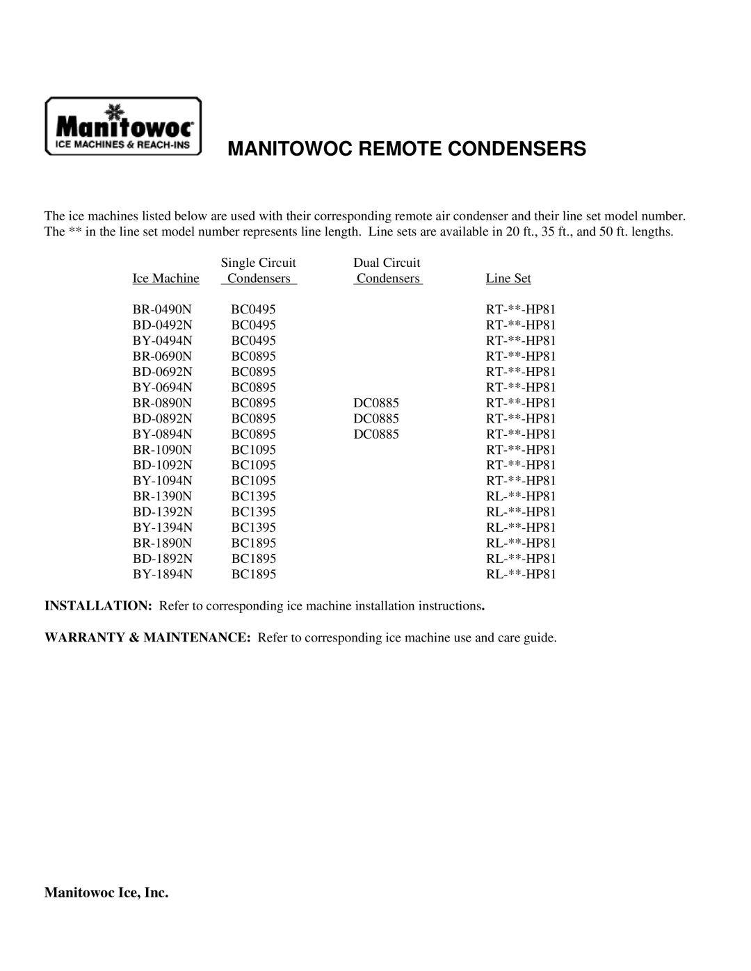 Manitowoc Ice BR-0490N installation instructions Manitowoc Remote Condensers, Manitowoc Ice, Inc 