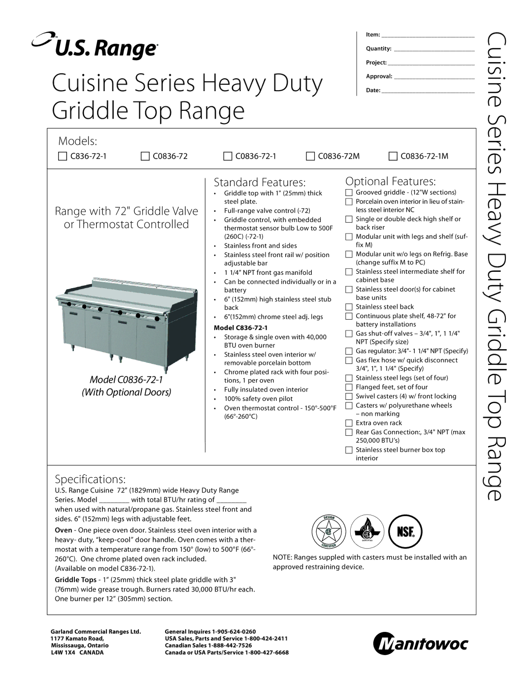 Manitowoc Ice C0836-72M, C836-72-1, C0836-72-1M specifications Cuisine 