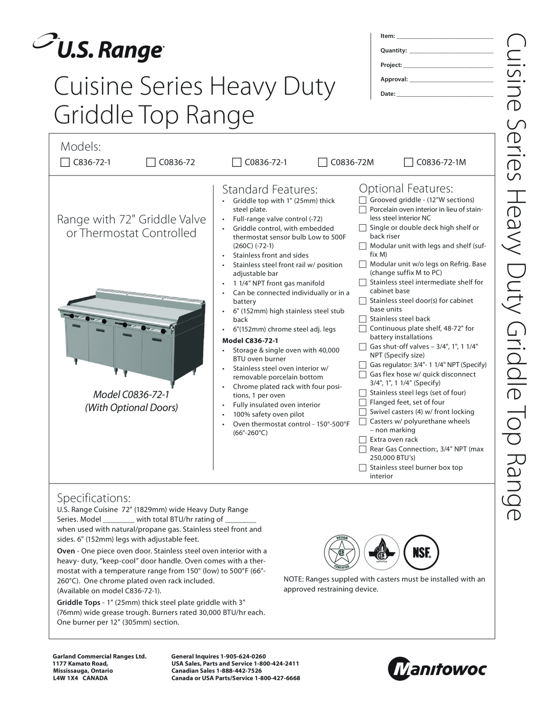 Manitowoc Ice specifications Cuisine, Range with 72 Griddle Valve,  C836-72-1,  C0836-72-1,  C0836-72M, Series 