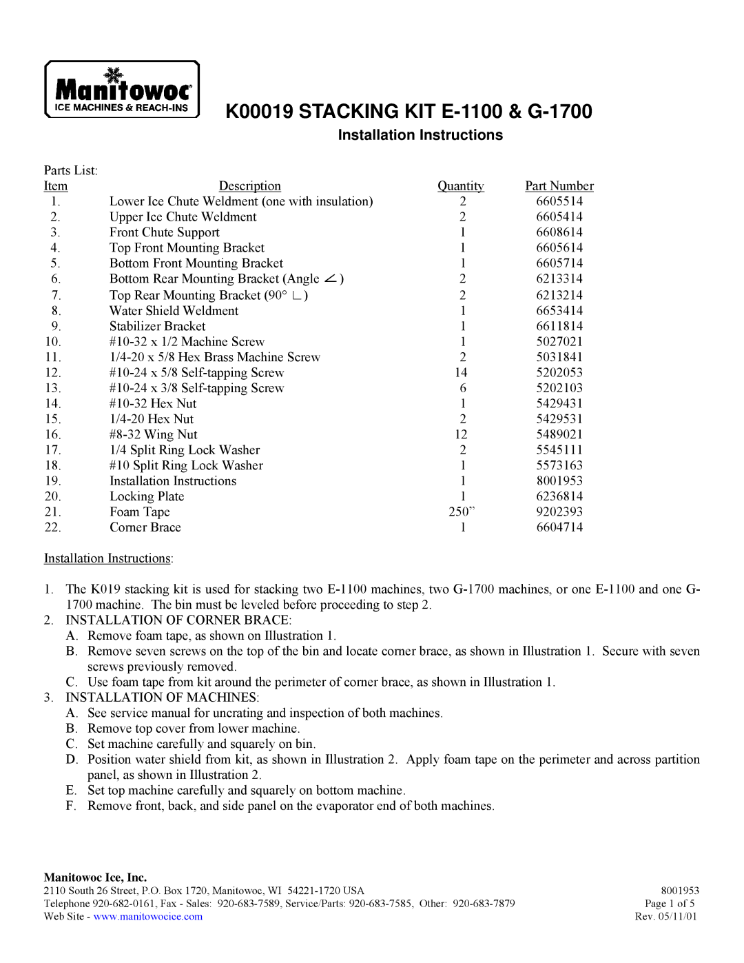 Manitowoc Ice installation instructions K00019 Stacking KIT E-1100 & G-1700, Installation Instructions 