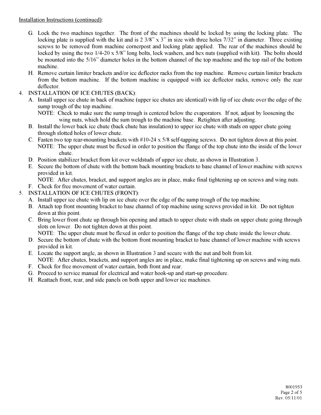 Manitowoc Ice E-1100 installation instructions Installation of ICE Chutes Back, Installation of ICE Chutes Front 