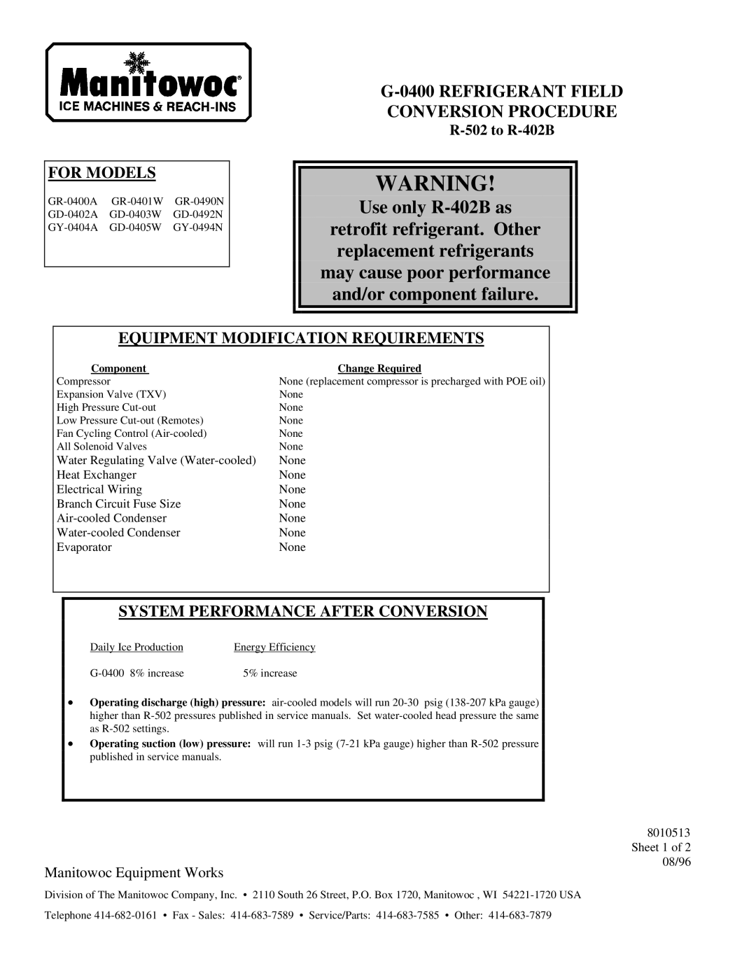 Manitowoc Ice GR-0400A, GR-0401W service manual Use only R-402B as, For Models, Equipment Modification Requirements 
