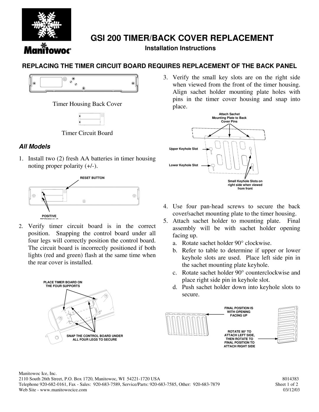 Manitowoc Ice installation instructions GSI 200 TIMER/BACK Cover Replacement, All Models 