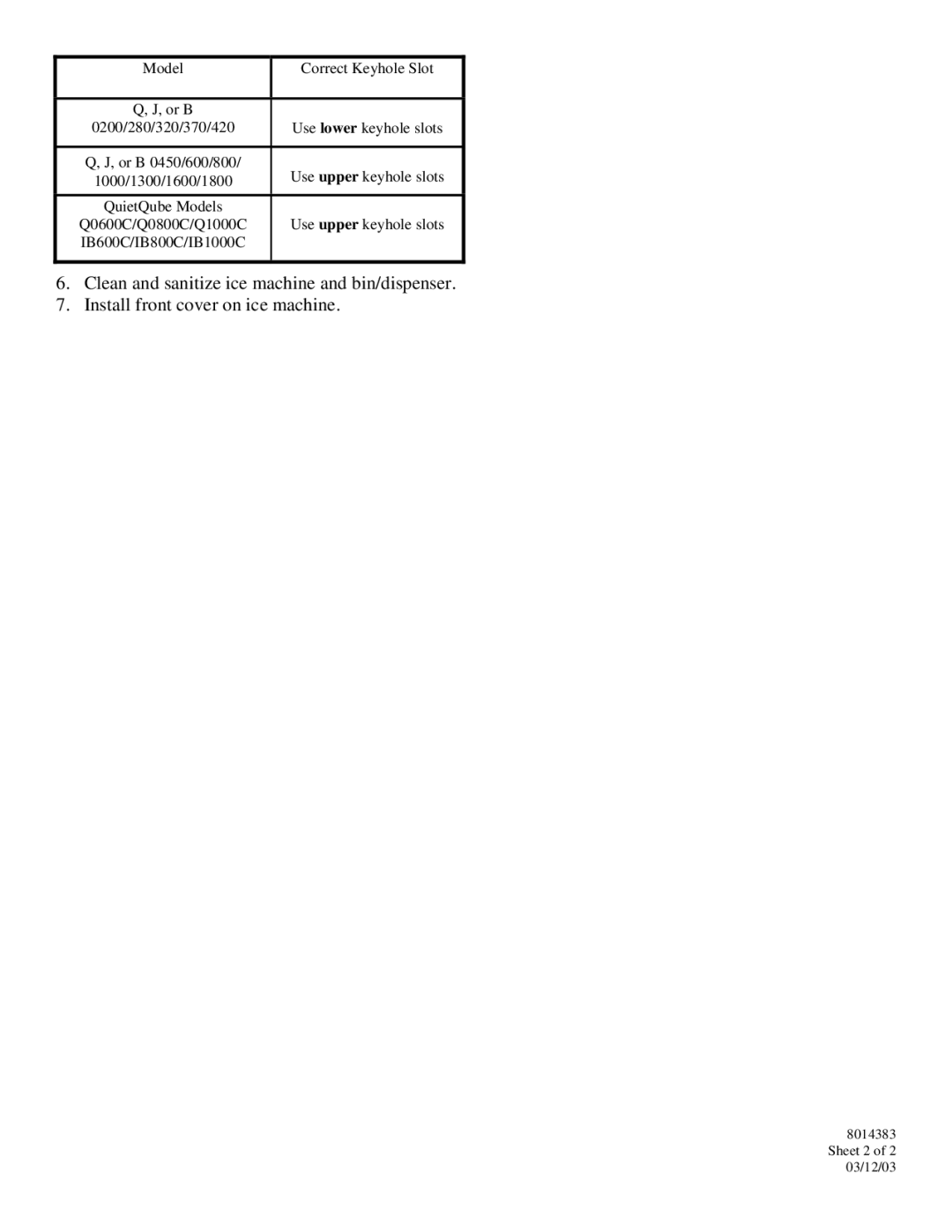 Manitowoc Ice GSI 200 installation instructions Sheet 2 of 2 03/12/03 